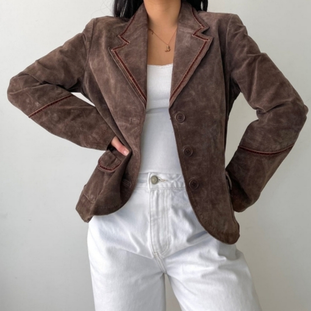 Women’s Brown Suede Leather Blazer Jacket